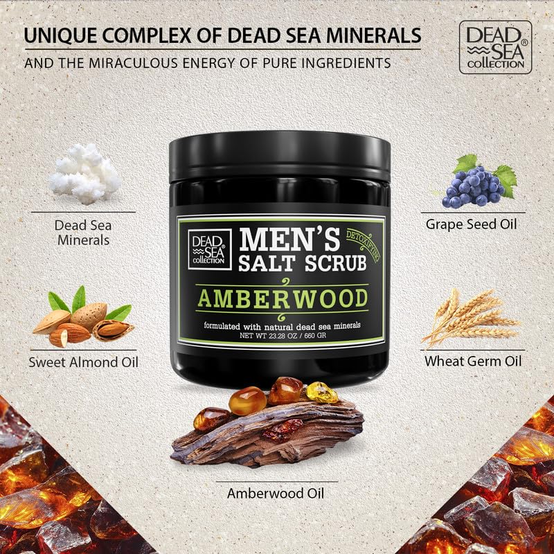 Salt Body Scrub Amberwood For Men – Moisturizes, Exfoliates & Nourishes Skin – Cleanses &