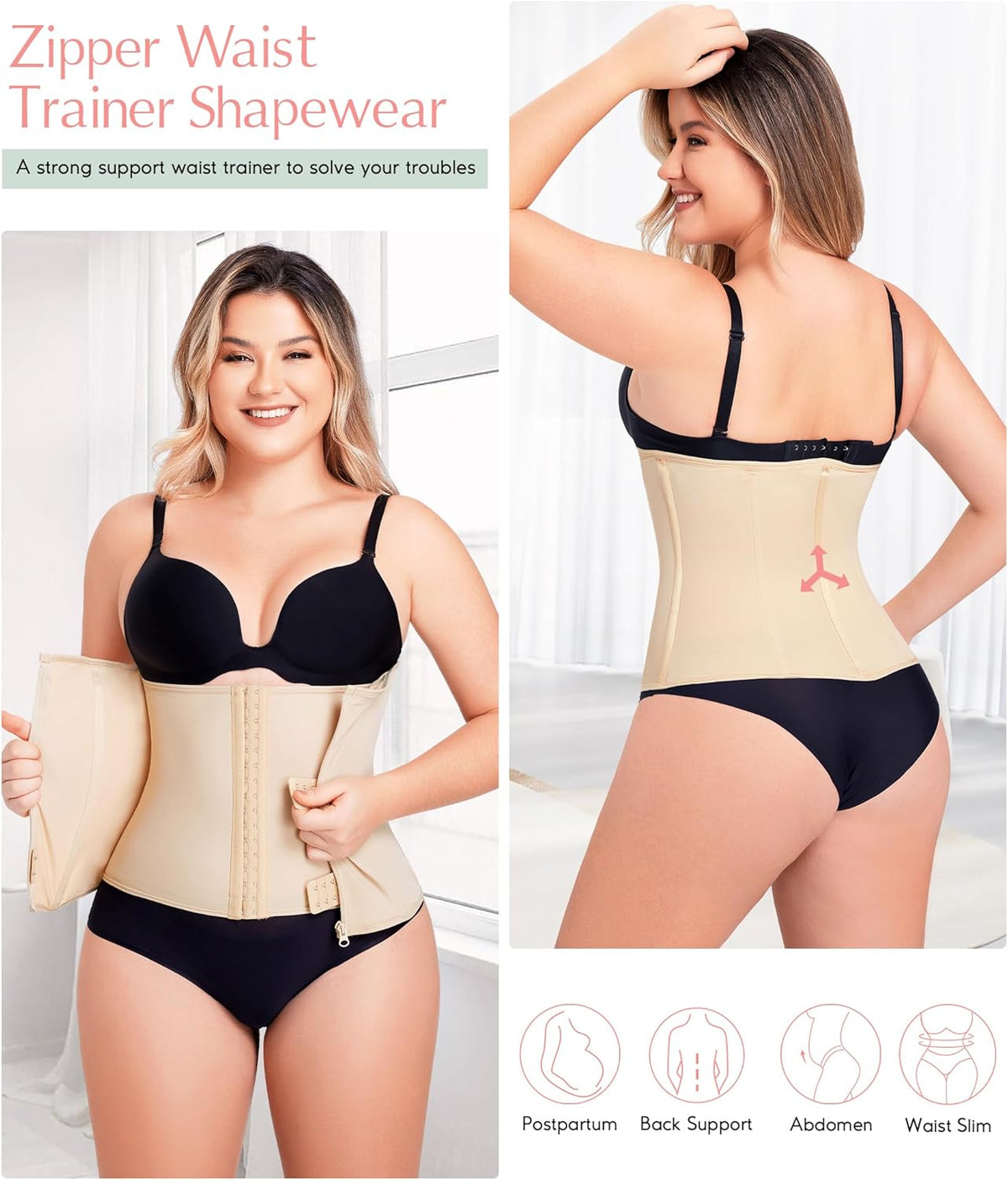 MERYOSZ Waist Trainer Corset Zipper Tummy Control Shapewear Breathable Waist Cincher for Women Body