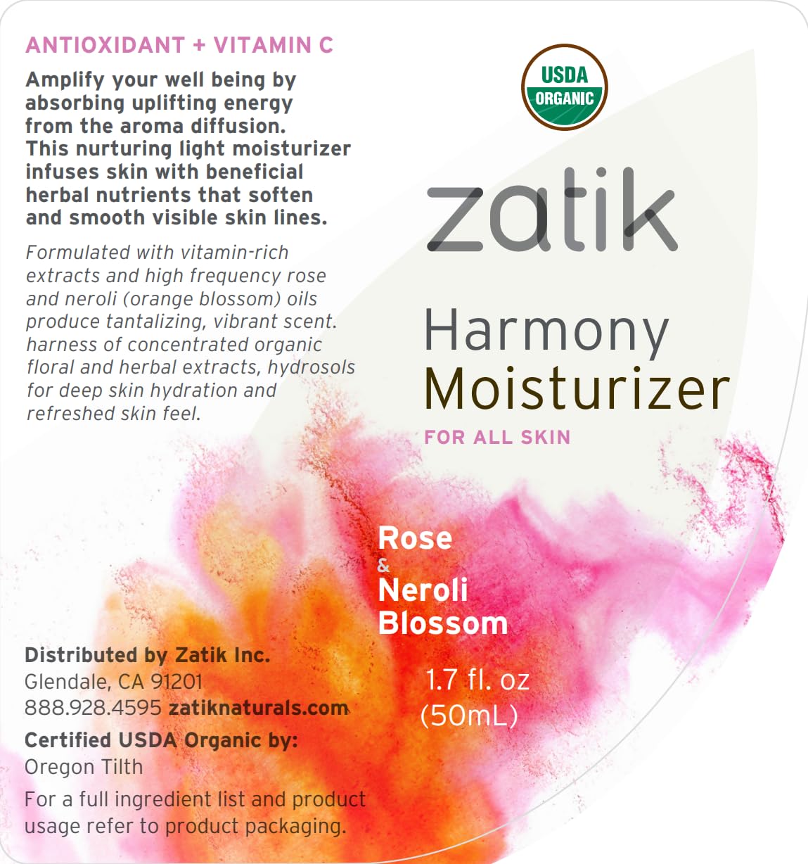 Zatik Naturals - Harmony Moisturizer with Rose and Neroli Blossom, USDA Organic, Vegan, Non GMO