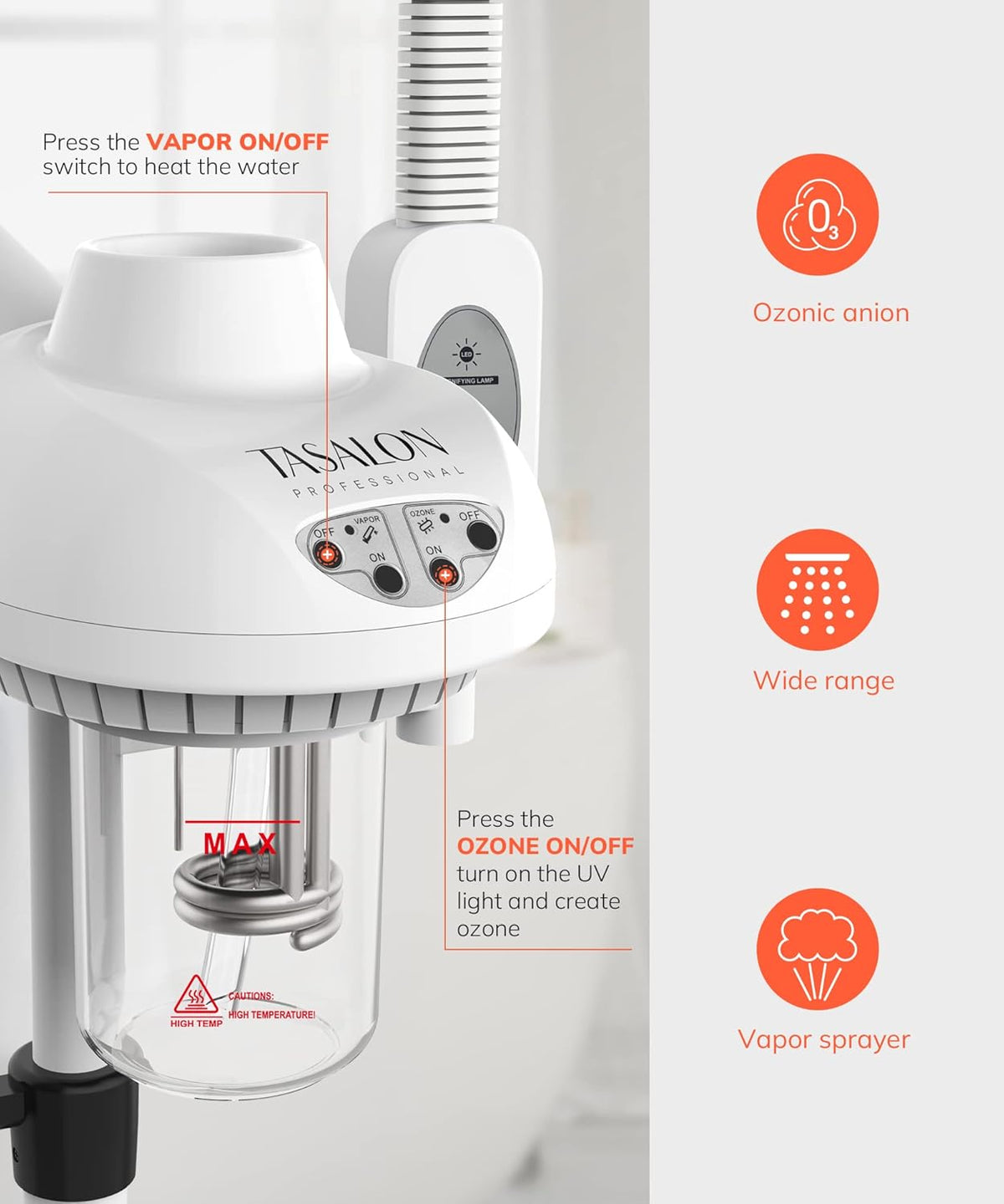 TASALON Professional 2 in 1 Facial Steamer With 5X Magnifying Foldable Arm, Ozone Mist Steamer for