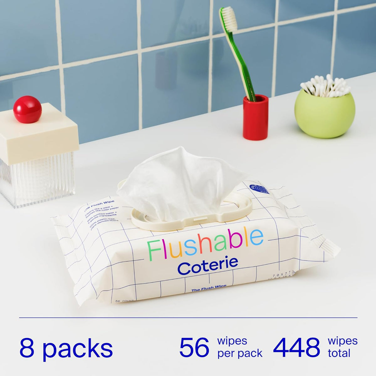 Coterie Flushable Wipes for Sensitive Skin, Hypoallergenic, 99% Water, Plant-Based Fibers, Sewer +