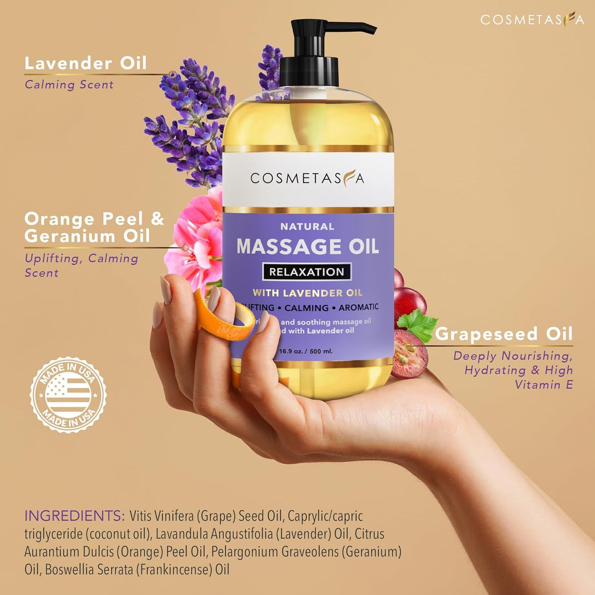 Cosmetasa Lavender Massage Oil for Massage Therapy - All Natural, Cruelty-Free & Spa Quality Skin