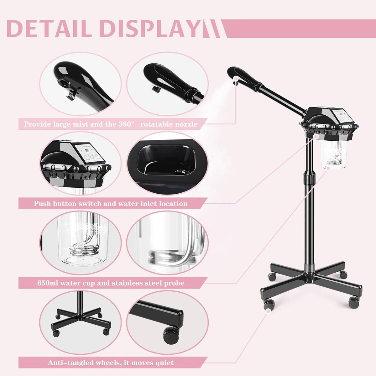 Professional Facial Steamer, Facial Steamer on Wheels with More Steam, Adjustable Height and Angle