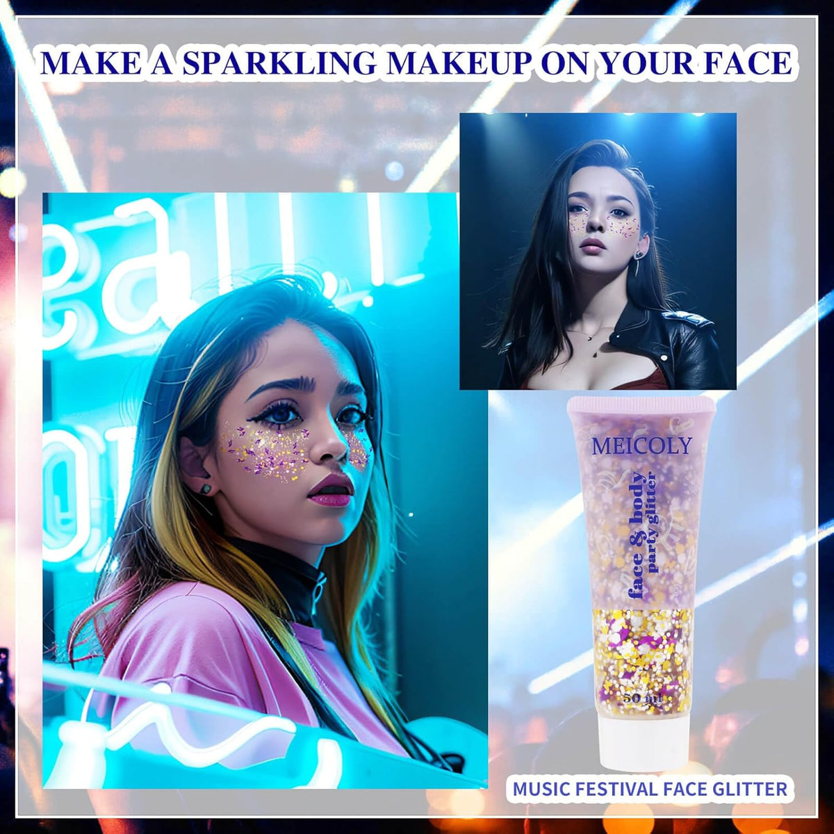 MEICOLY Face Glitter Makeup for Music Festival,Country Concert Outfits for Women,Gold Silver Purple