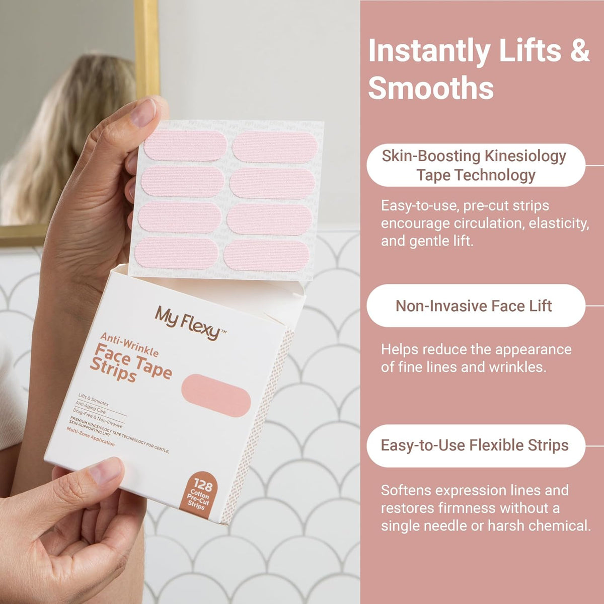 Face Tape Strips - 128 Pre-Cut Cotton Face Lifting Tape, Facial Tape, Overnight Anti Wrinkle