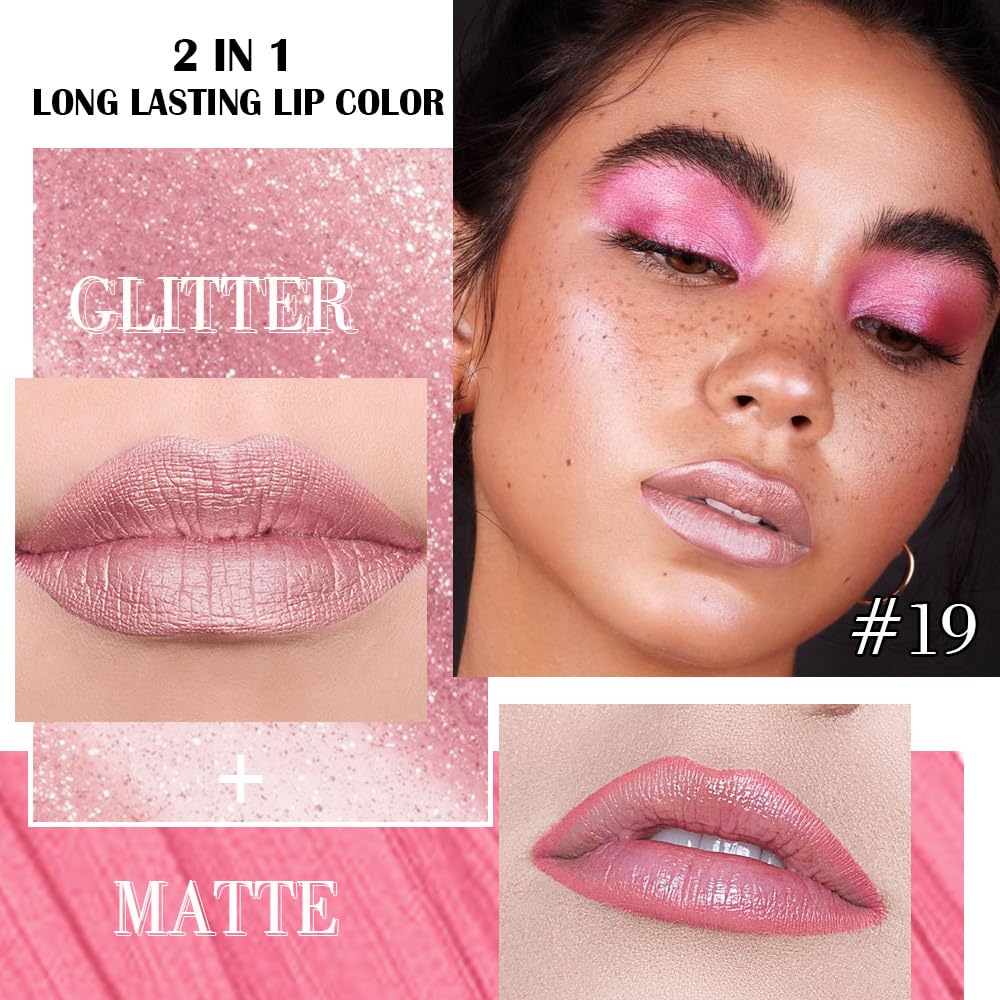 evpct Warm Pink Metallic Glitter Lip Liner and Lipstick Combo Set Long Lasting Waterproof, Metallic
