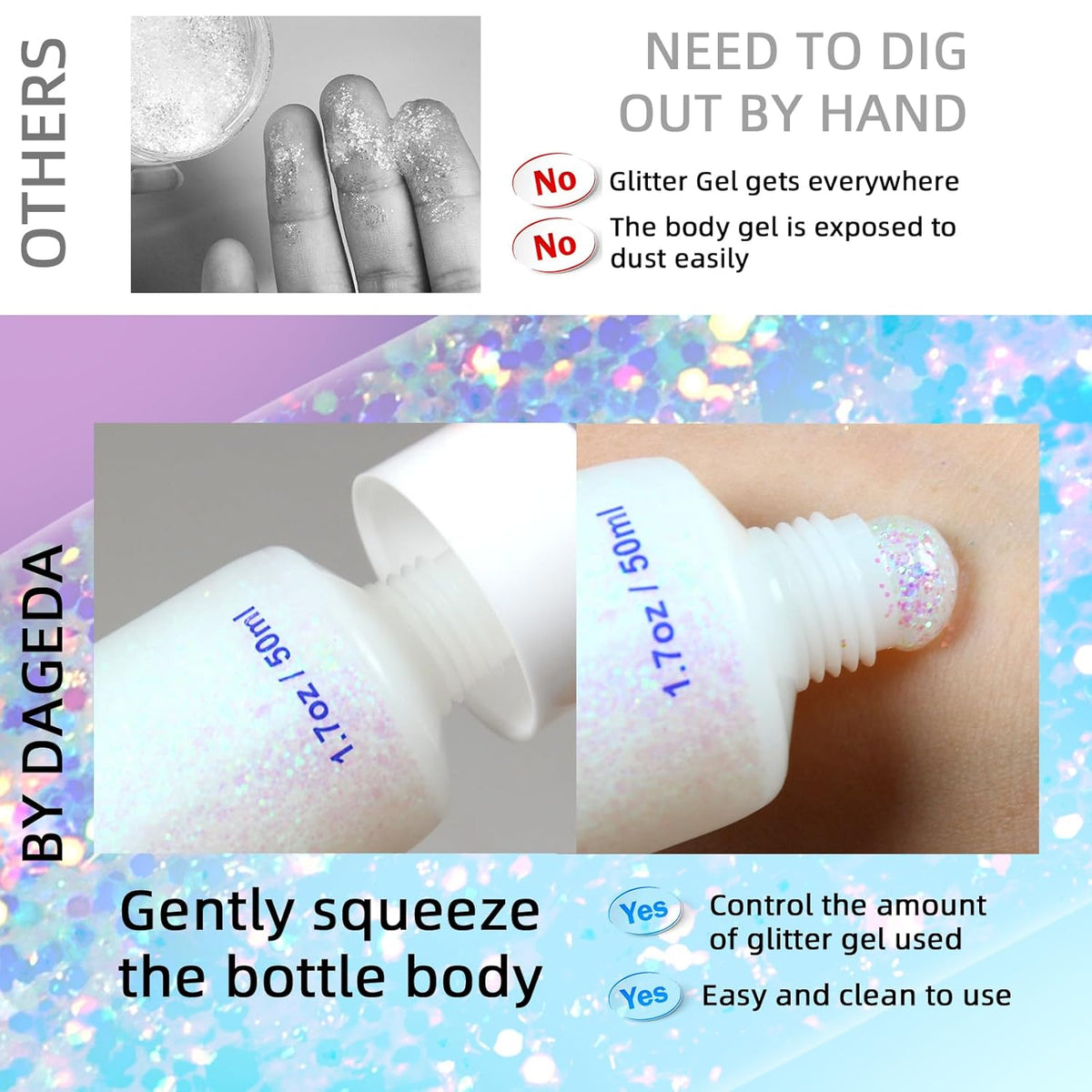 DAGEDA Body Glitter Gel, Holographic Face Glitters Body Gel Shimmer Liquid Eyeshadow, Color