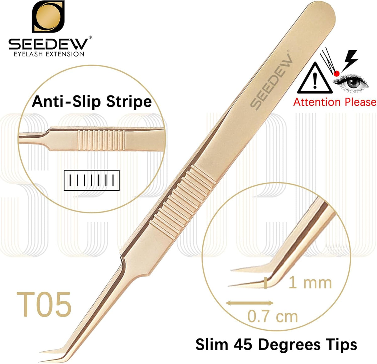 Golden Stainless Steel 45 Degree Angled Volume Tweezer, 1 Pc, T05 Fiber Tip, Precision Eyelash