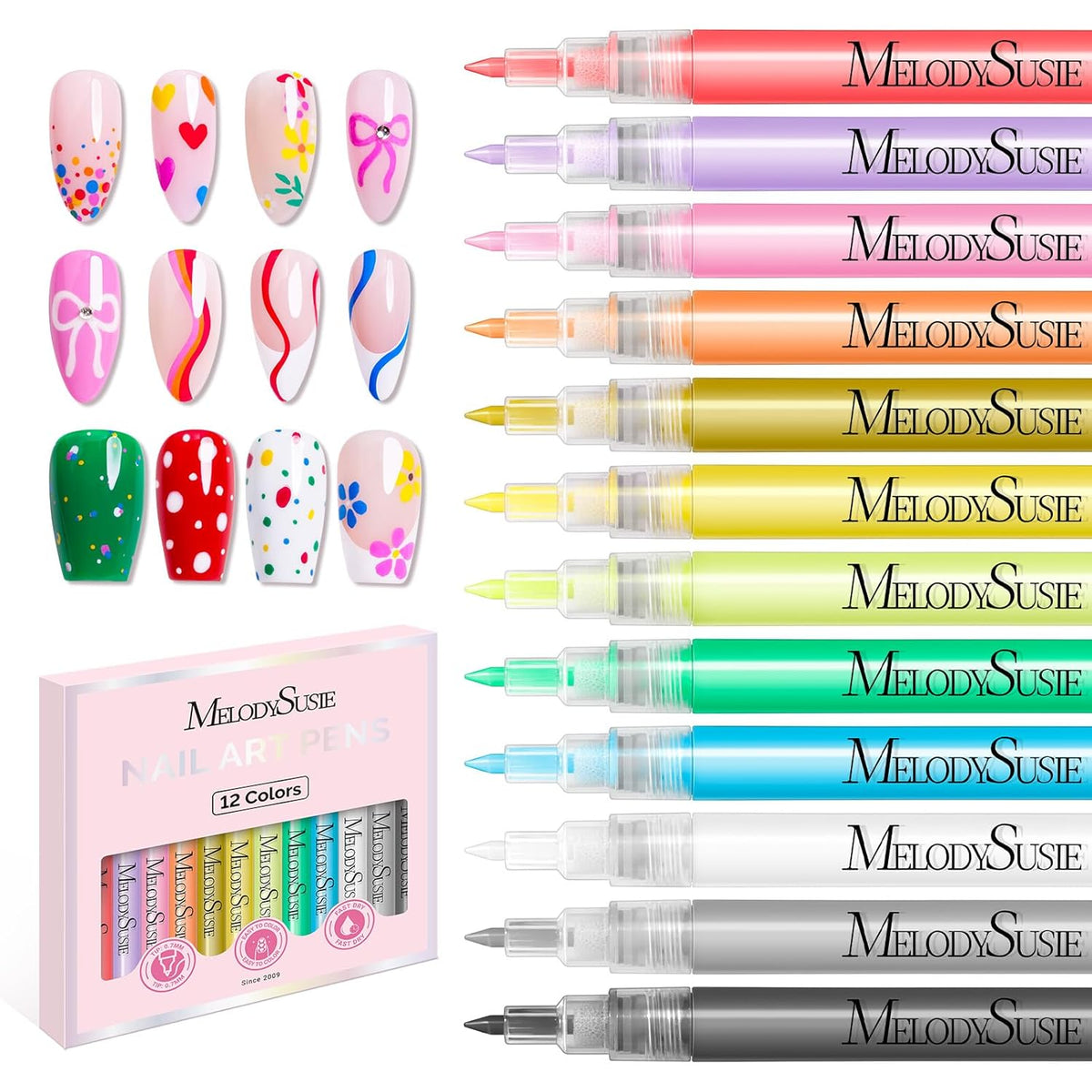 MelodySusie Nail Art Pens Set, 12 Colors 0.7MM Nail Polish Pens for Nail Art, Nail Dotting Tool