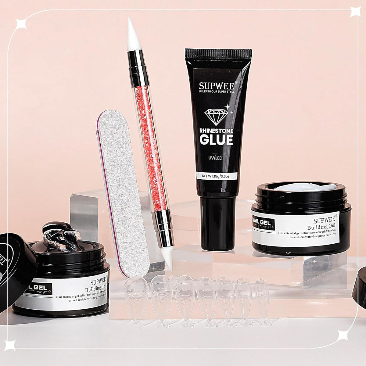 3d Nail Sculpting Gel Set: Clear White Solid Builder Gel for Nails, Nail Rhinestone Glue for 3d