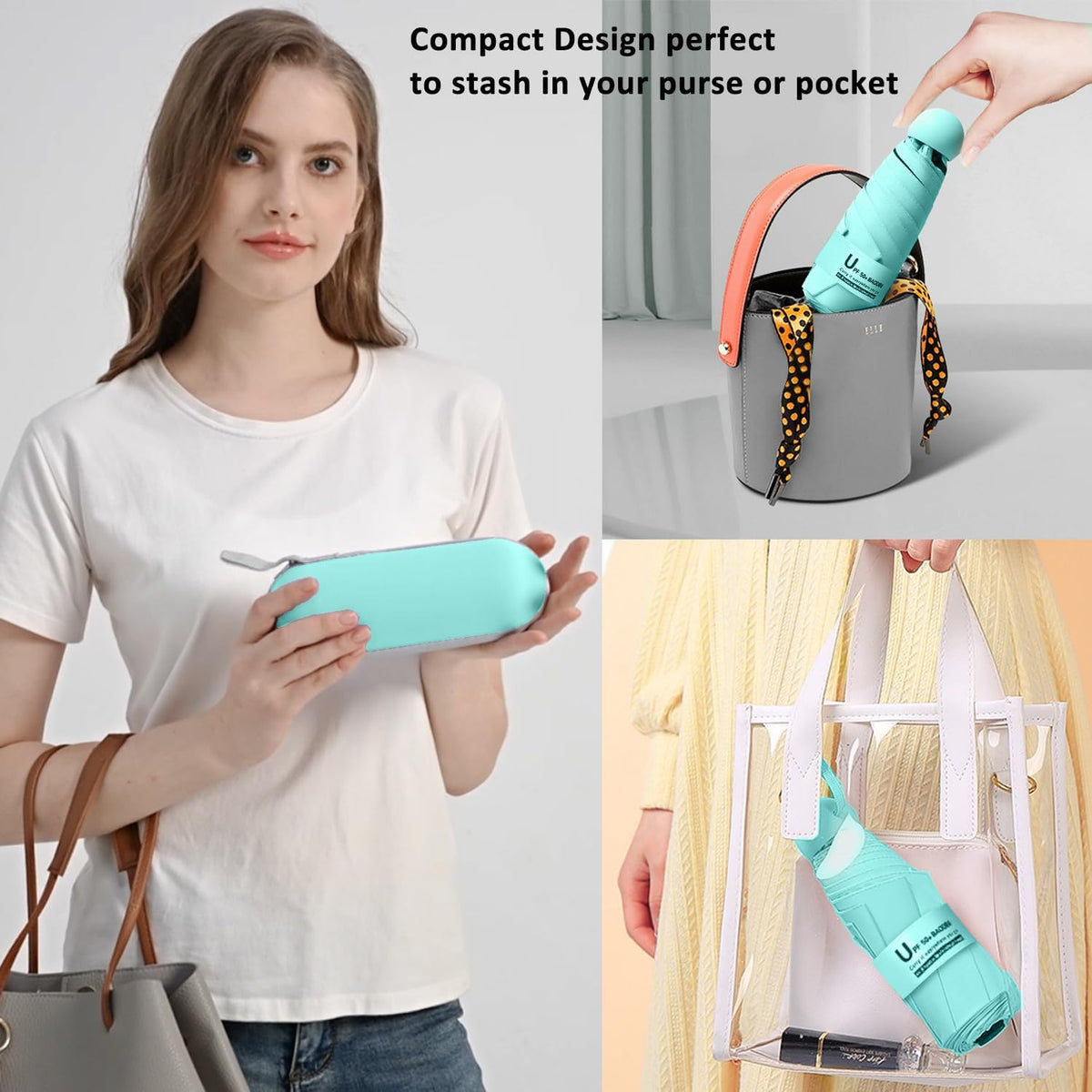 BAODINI Travel Essentials Mini Umbrella for Purse With Case Small Compact UV Sun Protection