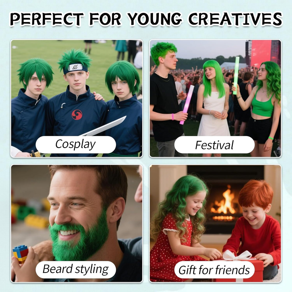 Temporary Green Hair Dye for Kids - Washable Color Suitable for Black & Brown Hair, Halloween Party