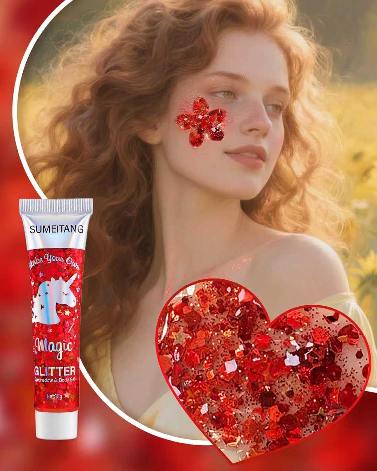 6PCS Red Face Body Glitter Gel，Holographic Chunky Sequins Body Glitter Paint for Party Singer