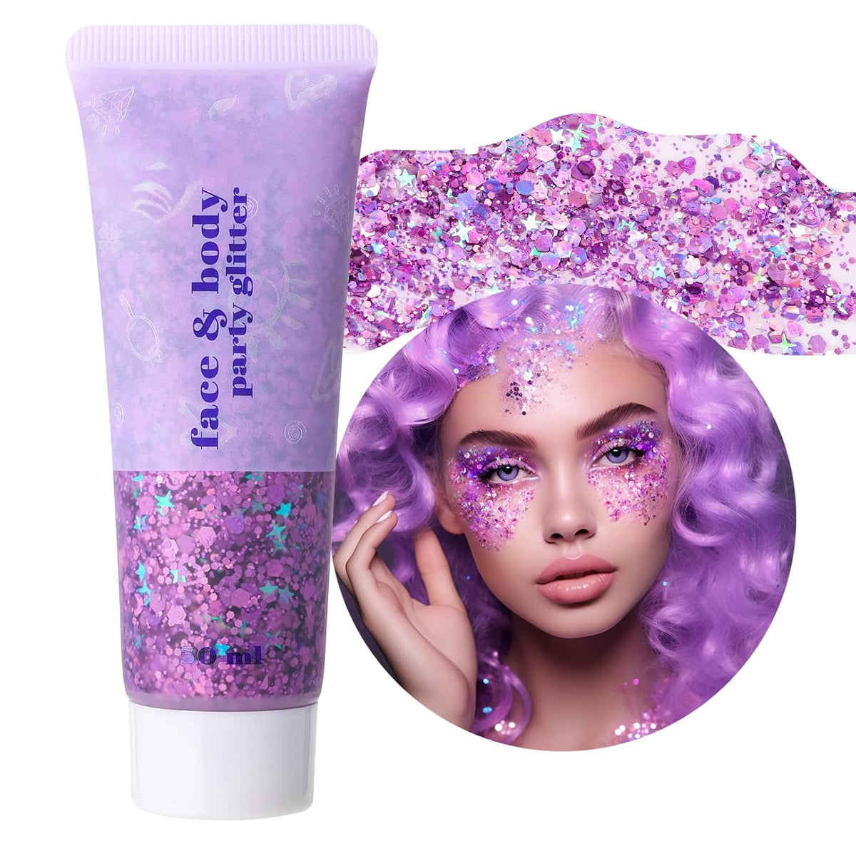 DAGEDA Purple Body Glitter Gel, Holographic Face Glitter Body Gel Rave Party Accessories, Chunky