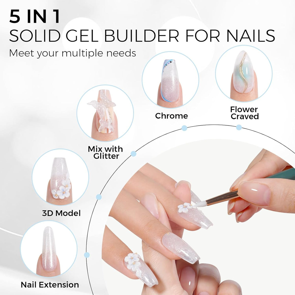 TOMICCA 3D Gel Nail Art, White Sparkles Sculpting Gel for Nail Art 1.76 OZ 3D Nail Hard Gel Nail