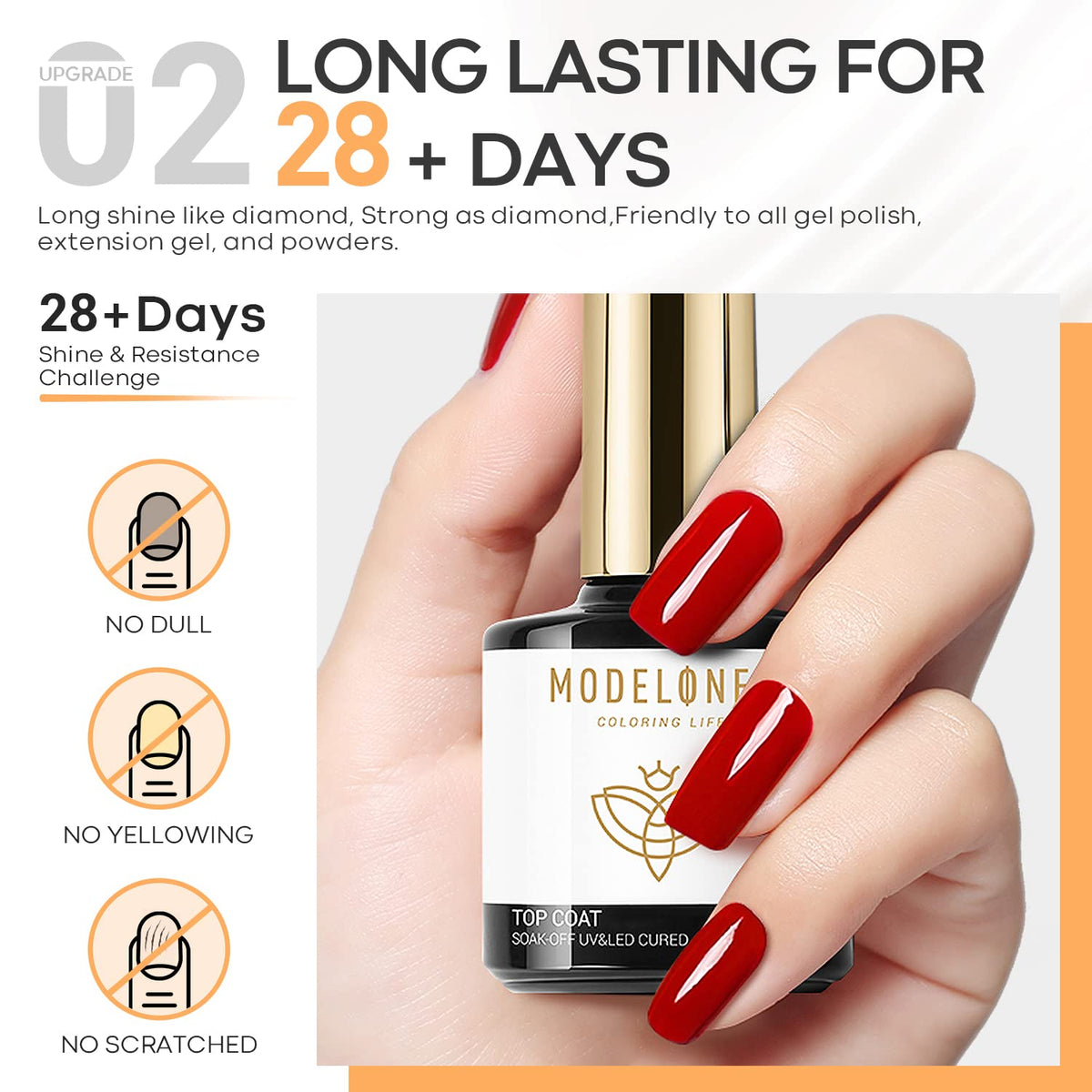 modelones Gel Top Coat and Base Coat, 2 Pcs No Wipe Clear Base and Top Coat Set for Gel Nail Polish