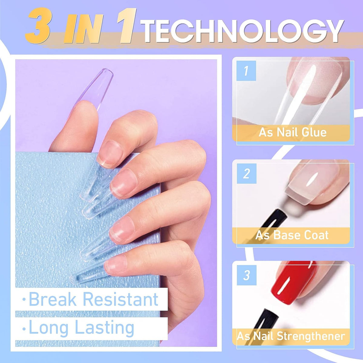Gellen Nail Glue Gel, 2PCS 15ML 3 in 1 Gel Nail Glue for Acrylic Nail & Base Gel & Nail