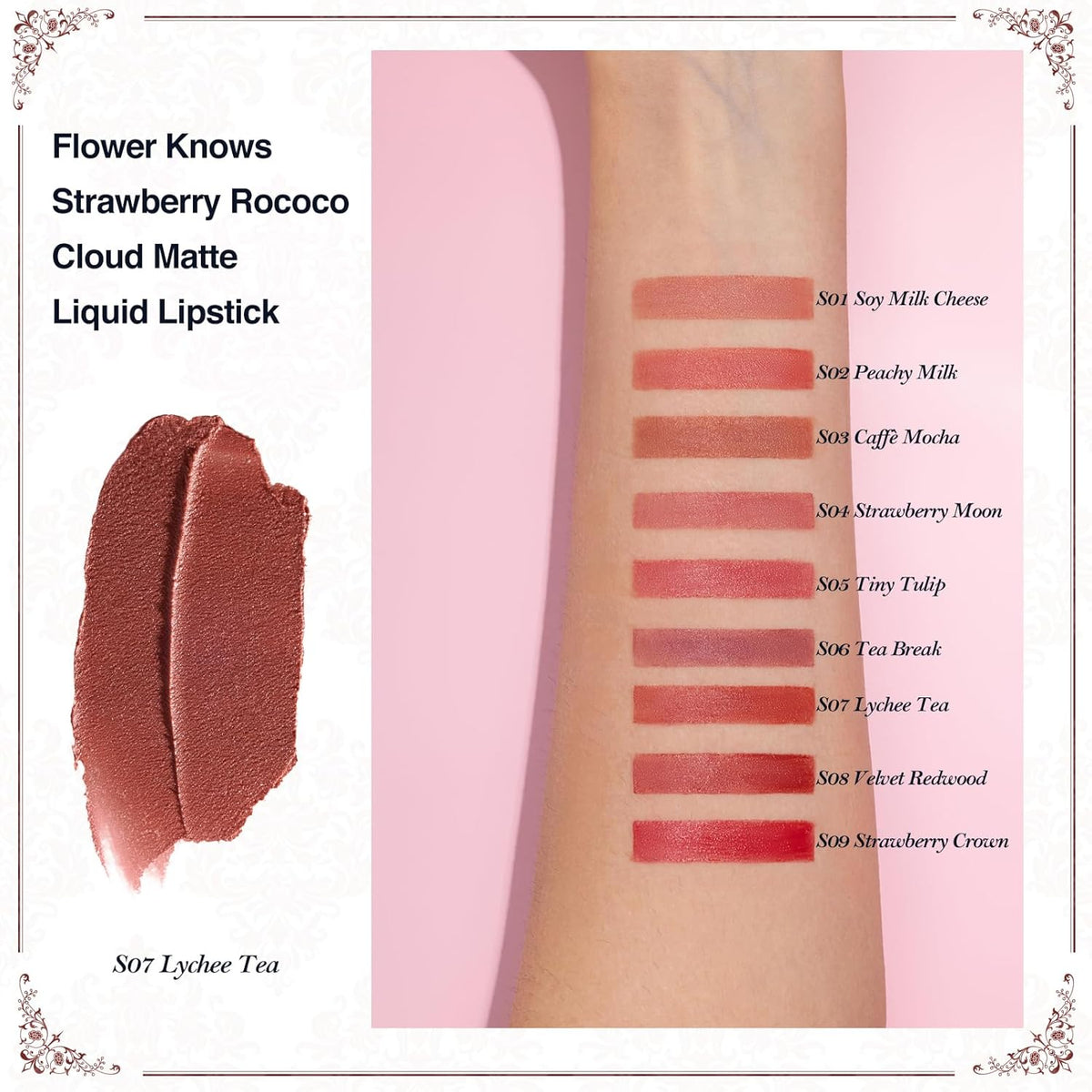 Flower Knows Strawberry Rococo Cloud Lip Cream,Velvety Matte Liquid Lipstick,Red Lipstick,Long