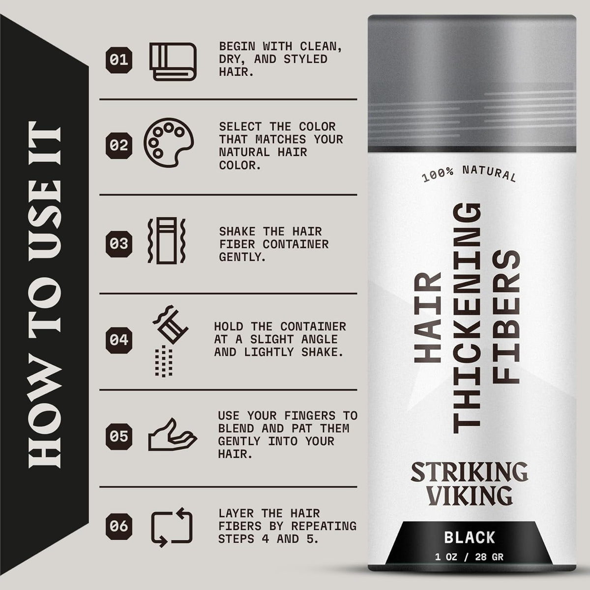 Striking Viking Hair Building Fibers - 28g, Black - Fuller Look Thinning Hair Fibers - Bald Spot