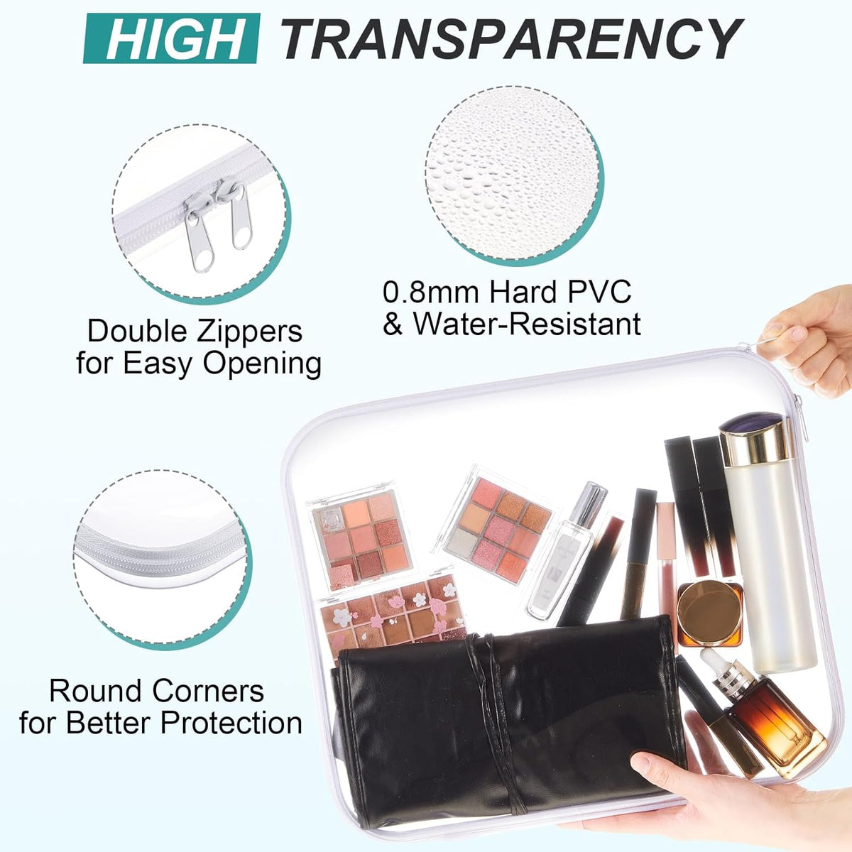 Hoolerry 3 Pcs Clear Hard Zipper Case Plastic Pouch Transparent Hard Case Clear Makeup Bag Portable
