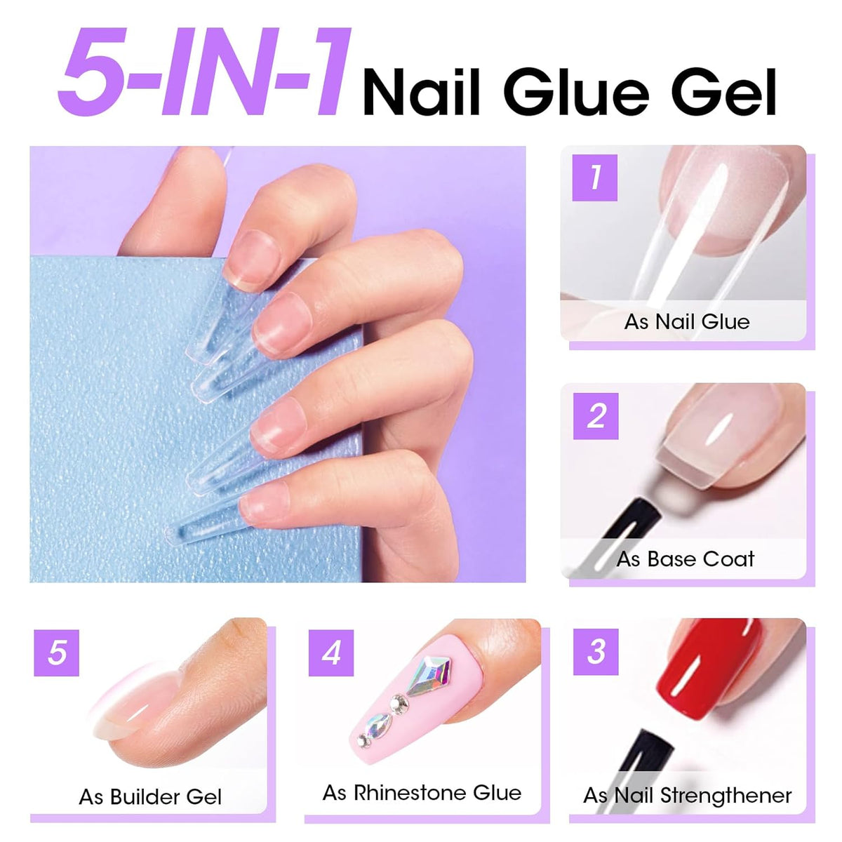 Gellen Nail Glue Gel & No Wipe Top Coat, 5 in 1 UV Nail Glue for Acrylic Nails, High Shiny Top Coat