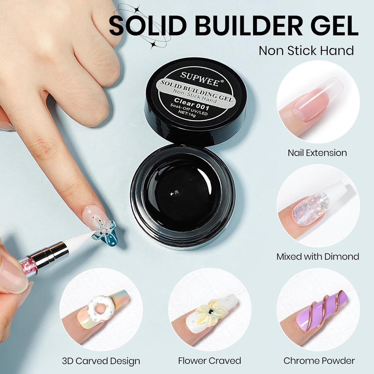 Solid Builder Gel for Nails 3D Nail Sculpture Gel and Nail Rhinestone Glue 3d Gels Nails Art Clear
