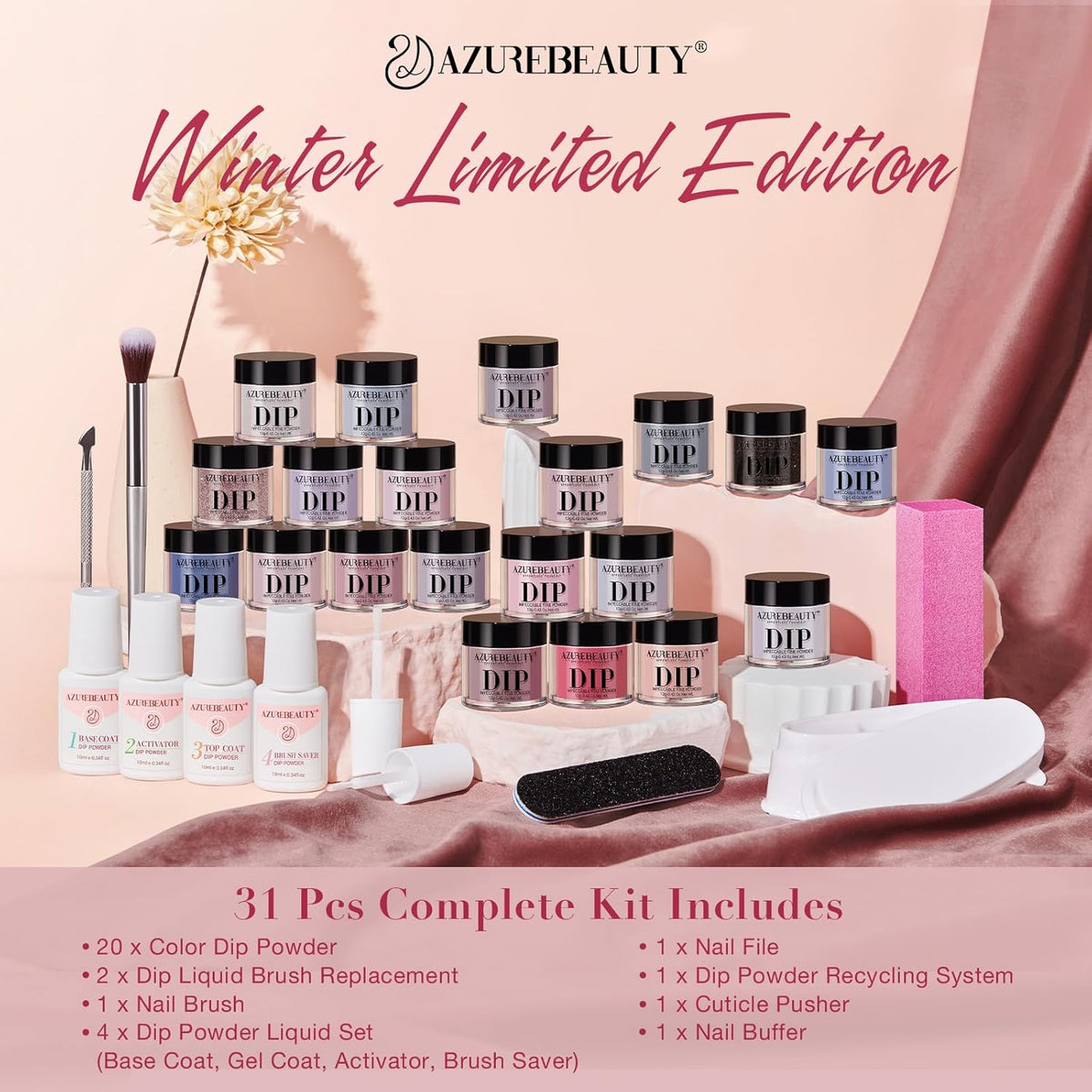 AZUREBEAUTY 31 Pcs Dip Powder Nail Kit Starter All Season 20 Colors Glitter Nude Gray Acrylic Nail