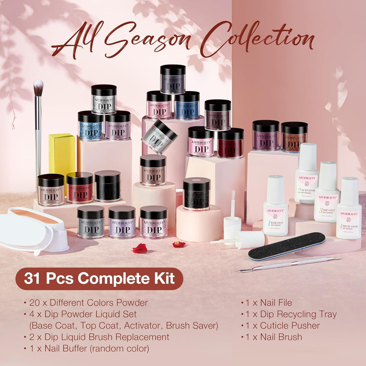 AZUREBEAUTY 31 Pcs Dip Powder Nail Kit Starter, 20 Colors Glitter Nude Pink Gray Red Dip Powder