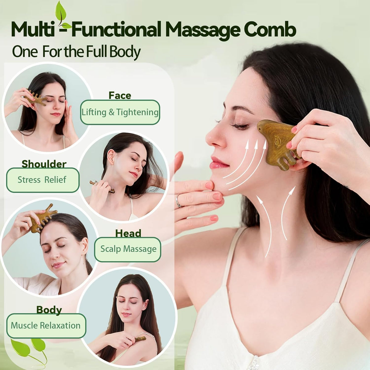 4-in-1 Gua Sha Tool for Face & Body, Natural Green Sandalwood – Lymphatic Drainage, Jaw Lifting &