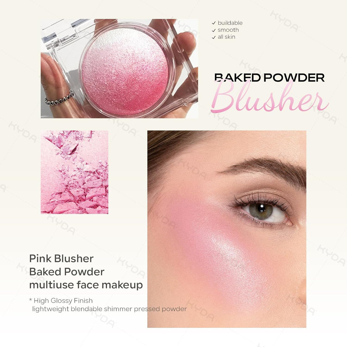 KYDA Pink Baked Blush, Pink Glow Powder for Blush and Highlighter, High Glossy Finish, Lightweight