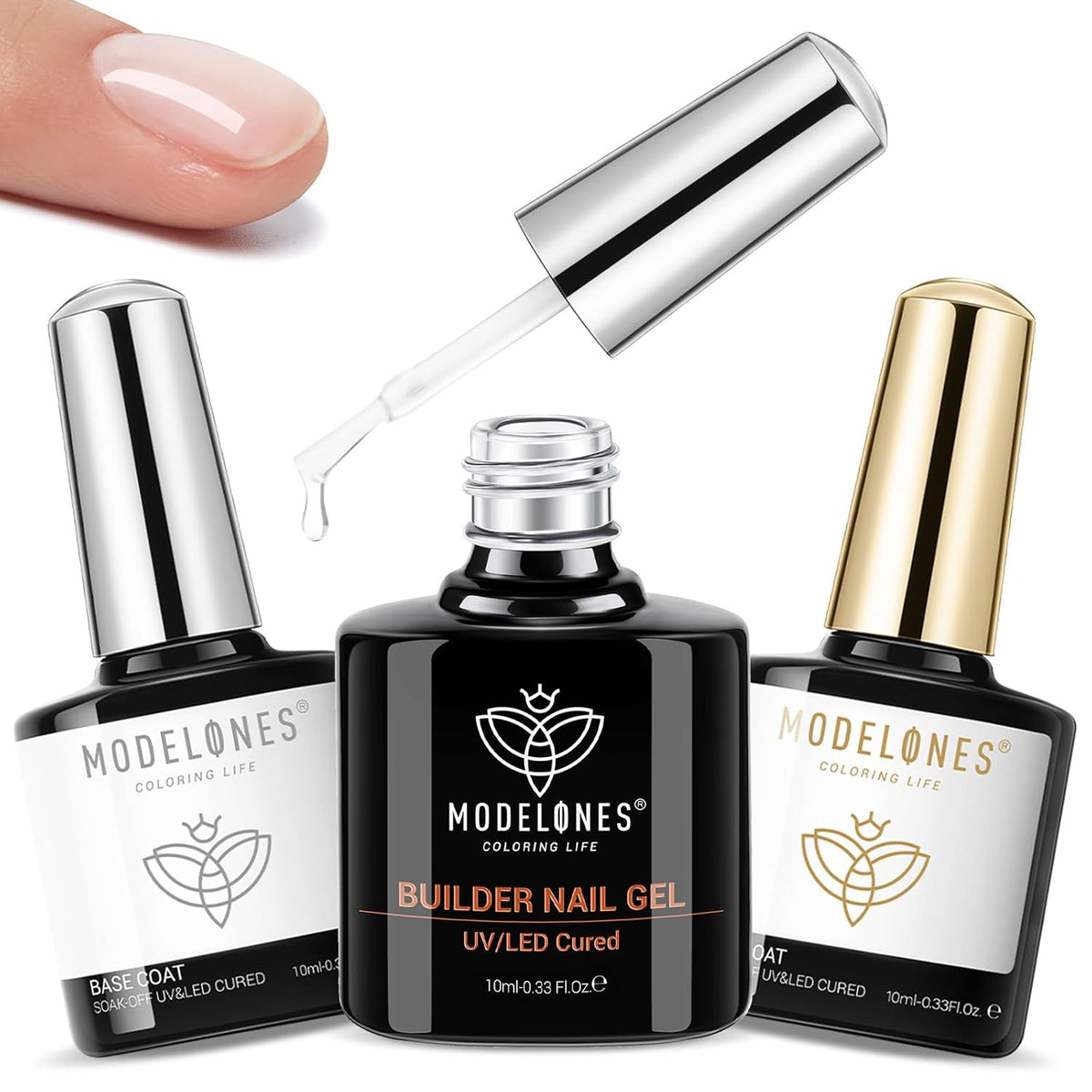 modelones 3 Pcs Top Coat Builder Nail Gel with Gel Base, No Wipe - Shine Finish and Long Lasting