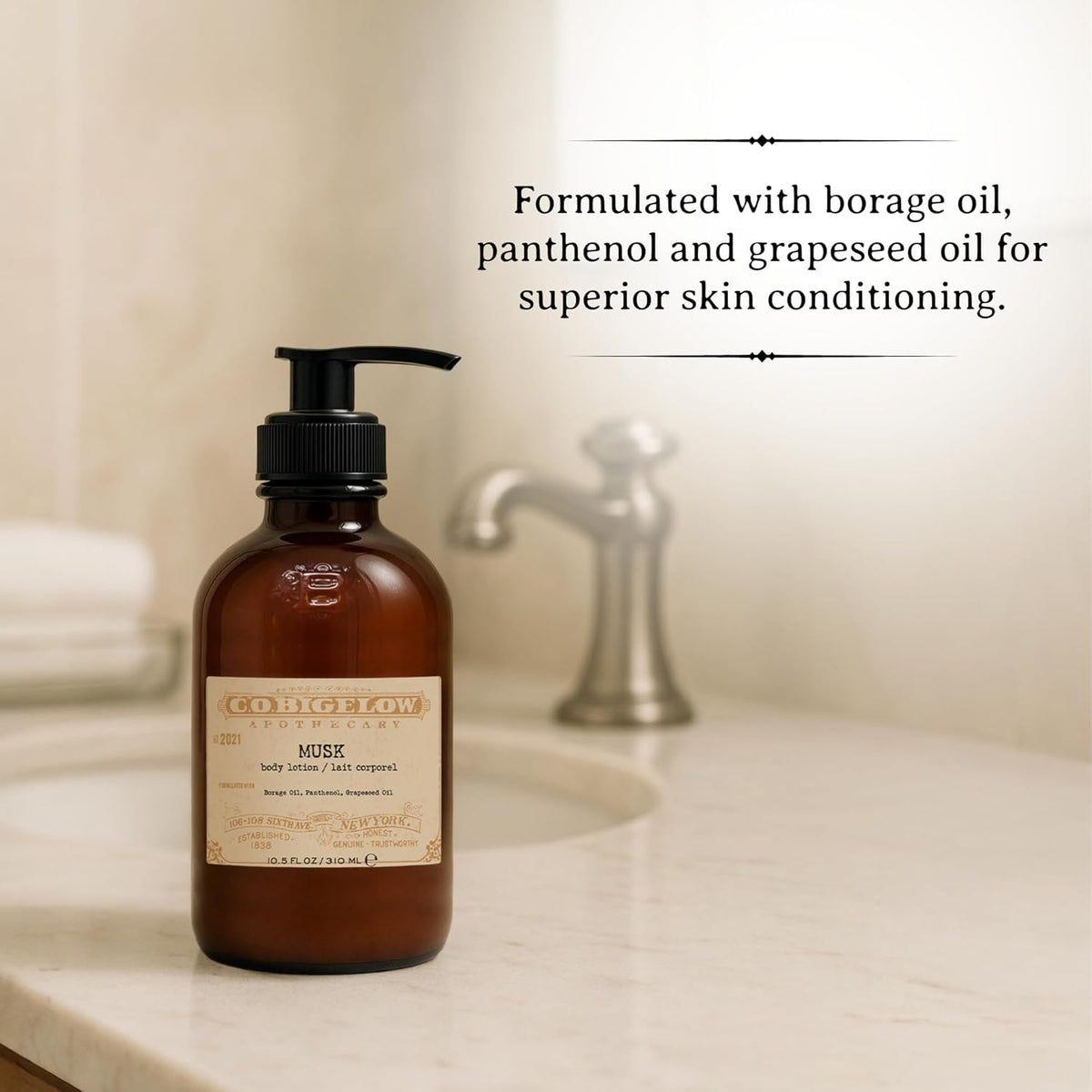 C.O. Bigelow Musk Body Lotion, Iconic Collection Moisturizing Body Lotion with Shea Butter, Borage