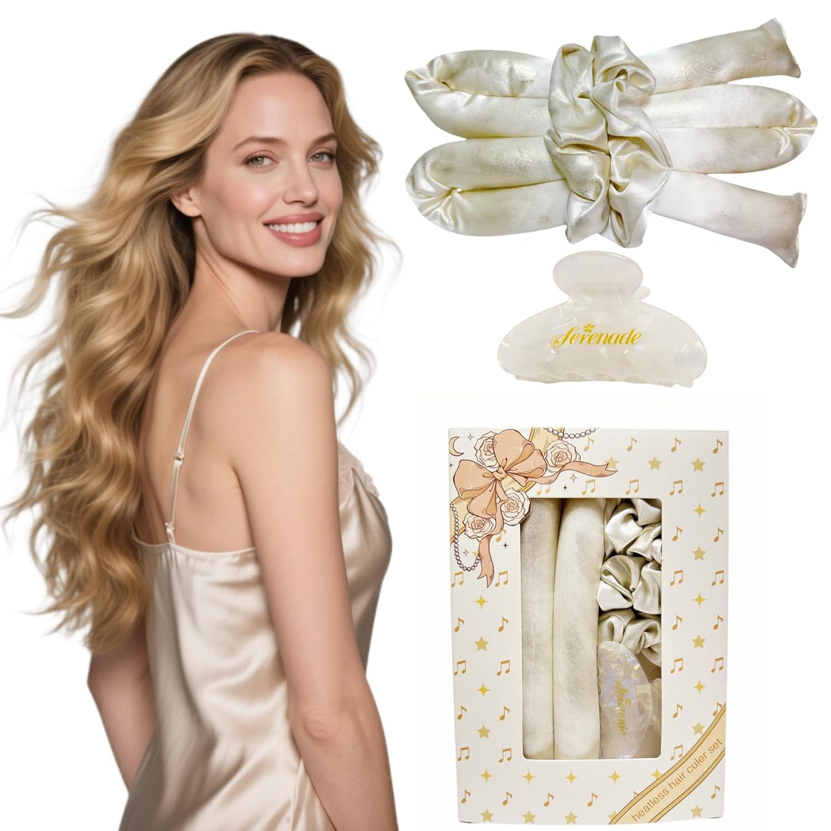 Serenade Sparkling Satin Heatless Curls Overnight, Heatless Hair Clurer Curling Rod Headband, No