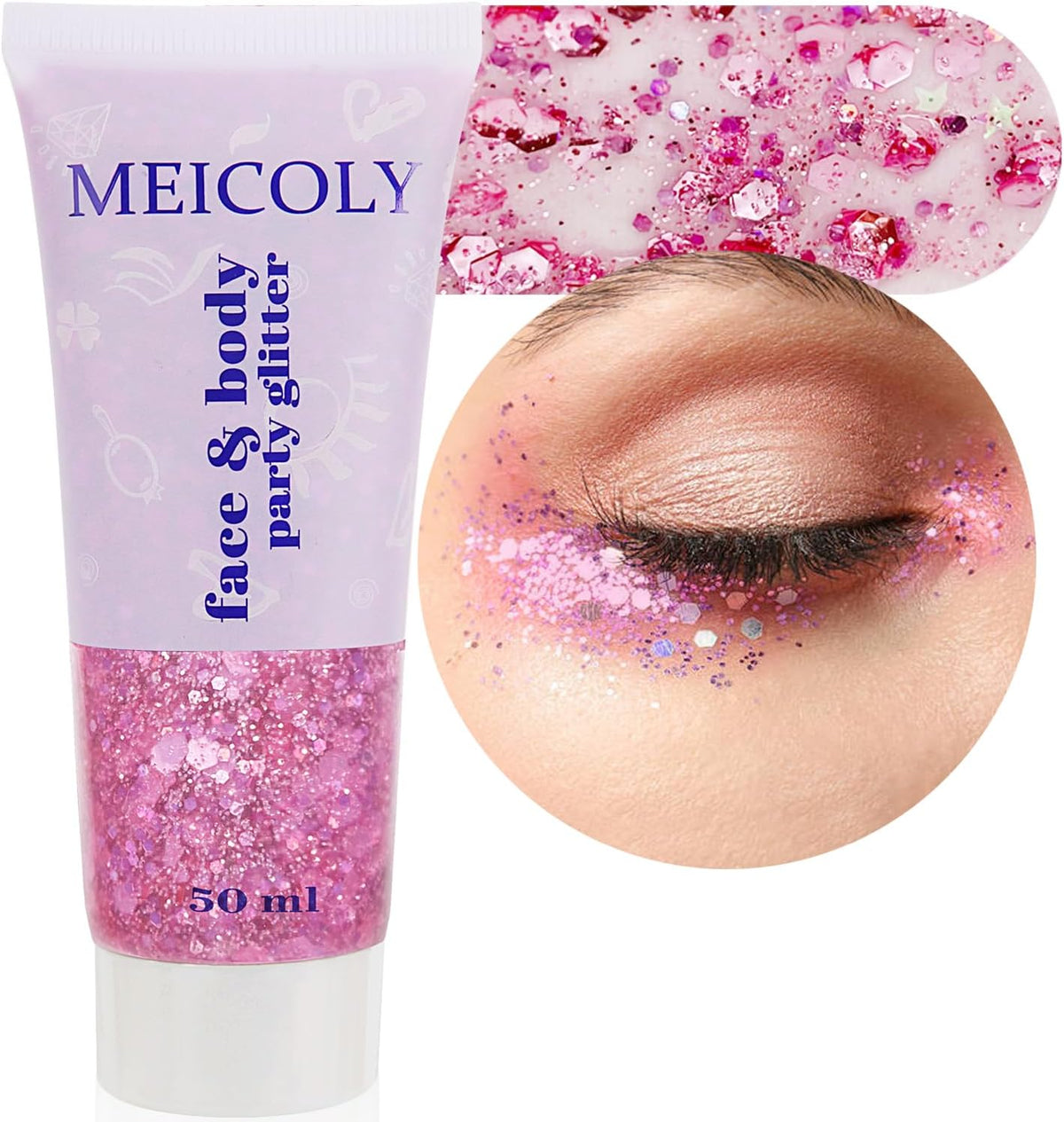 MEICOLY Pink Face Glitter,Pink Body Glitter,Sparkly Hair Glitter,Singer Concerts Lover Heart Chunky