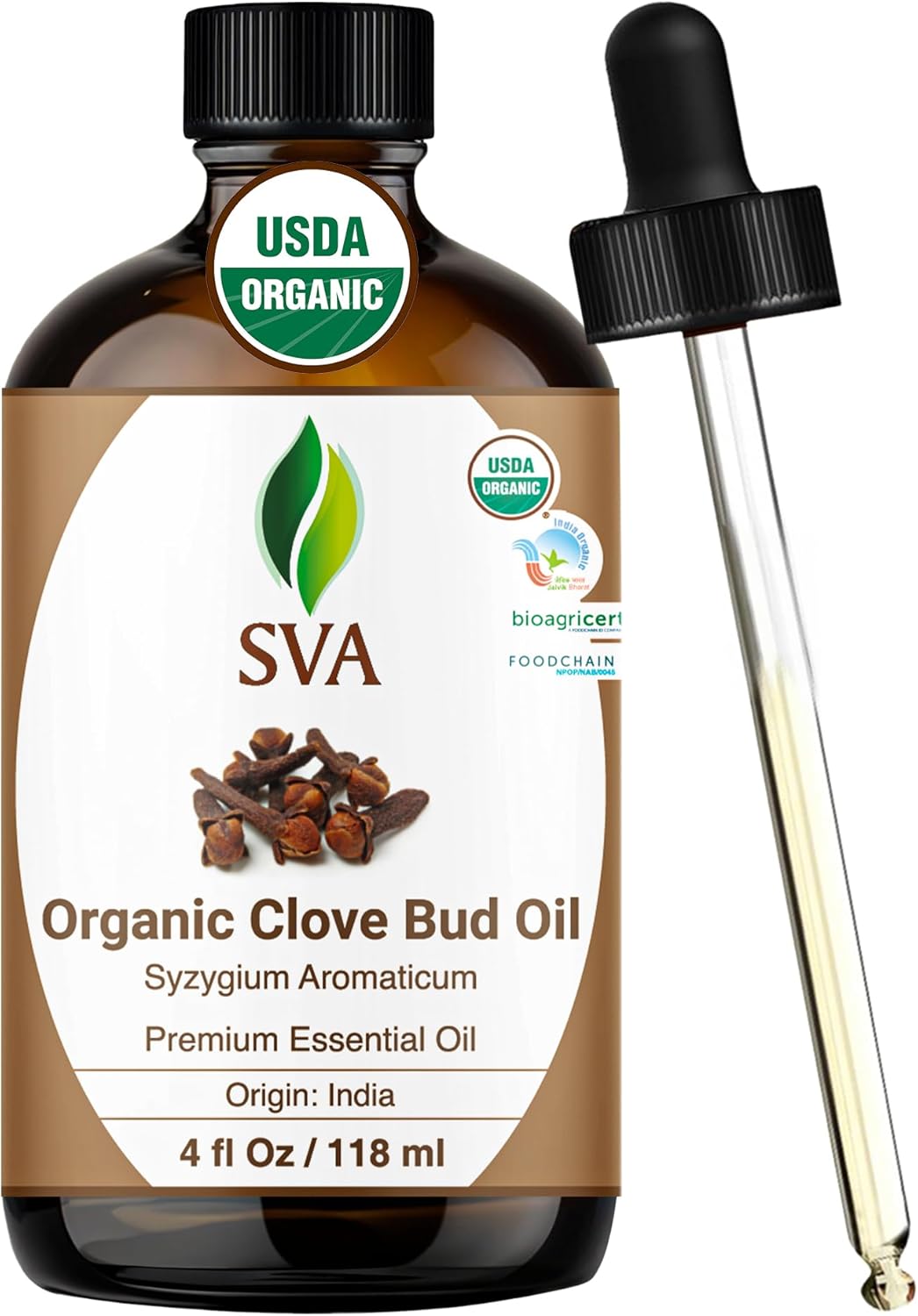 SVA Clove Essential Oil Organic – 4 Fl Oz – 100% Natural Organic Clove Oil - for Diffuser, Hair