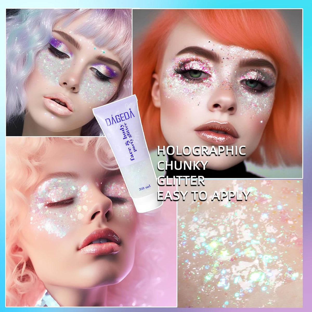 DAGEDA Body Glitter Gel, Face Glitter Body Gel Sequins Shimmer Liquid Eyeshadow, Chunky Glitter for