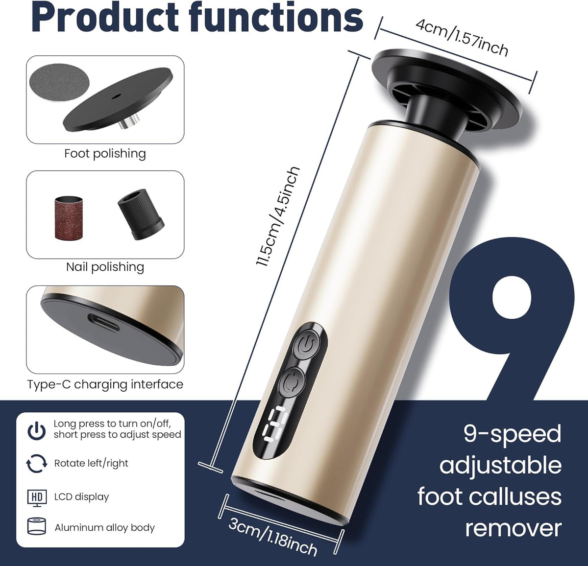 Electric Foot Callus Remover,2 in1 Rechargeable Callus Remover for Feet,9-Speed Wireless Electric