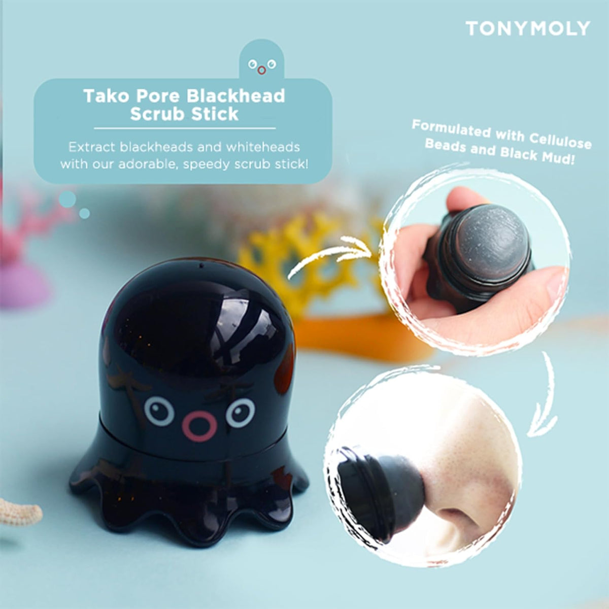 TONYMOLY Tako Pore Blackhead Remover Scrub Stick Charcoal & Dead Sea Salt Exfoliator for