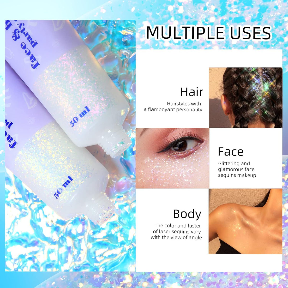 DAGEDA Body Glitter Gel, Holographic Face Glitters Body Gel Shimmer Liquid Eyeshadow, Color