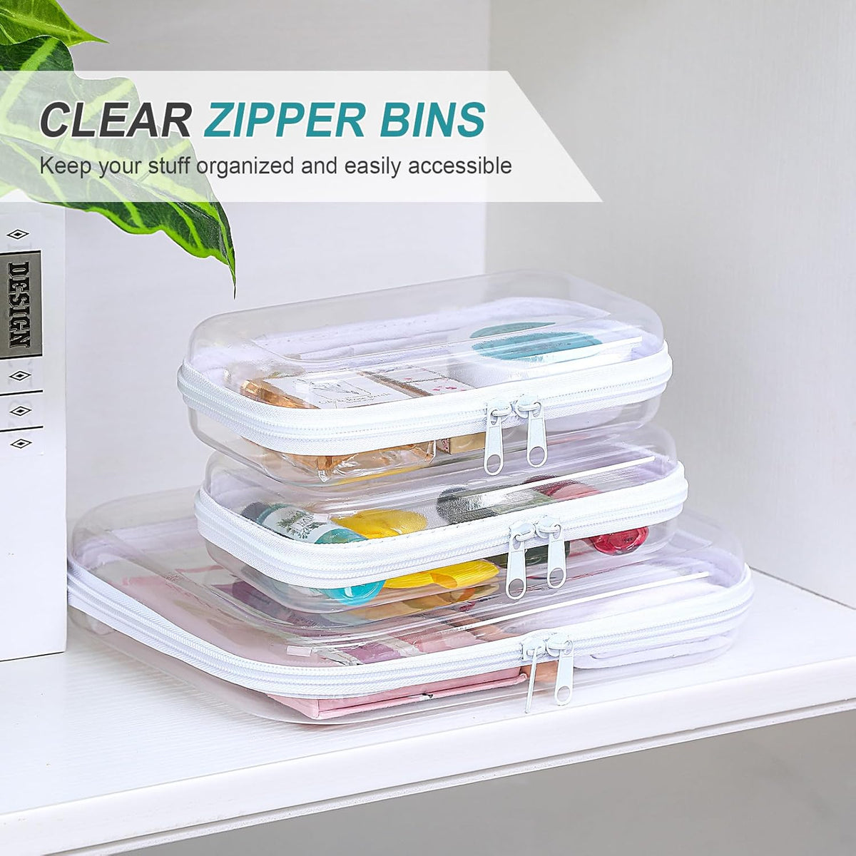 Hoolerry 3 Pcs Clear Hard Zipper Case Plastic Pouch Transparent Hard Case Clear Makeup Bag Portable