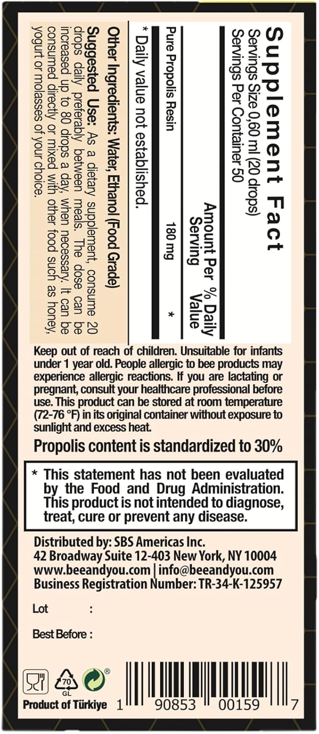 Bee and You Propolis Liquid Extract Drops, 30% Propolis, Ultra Pure, Immune Support Supplement