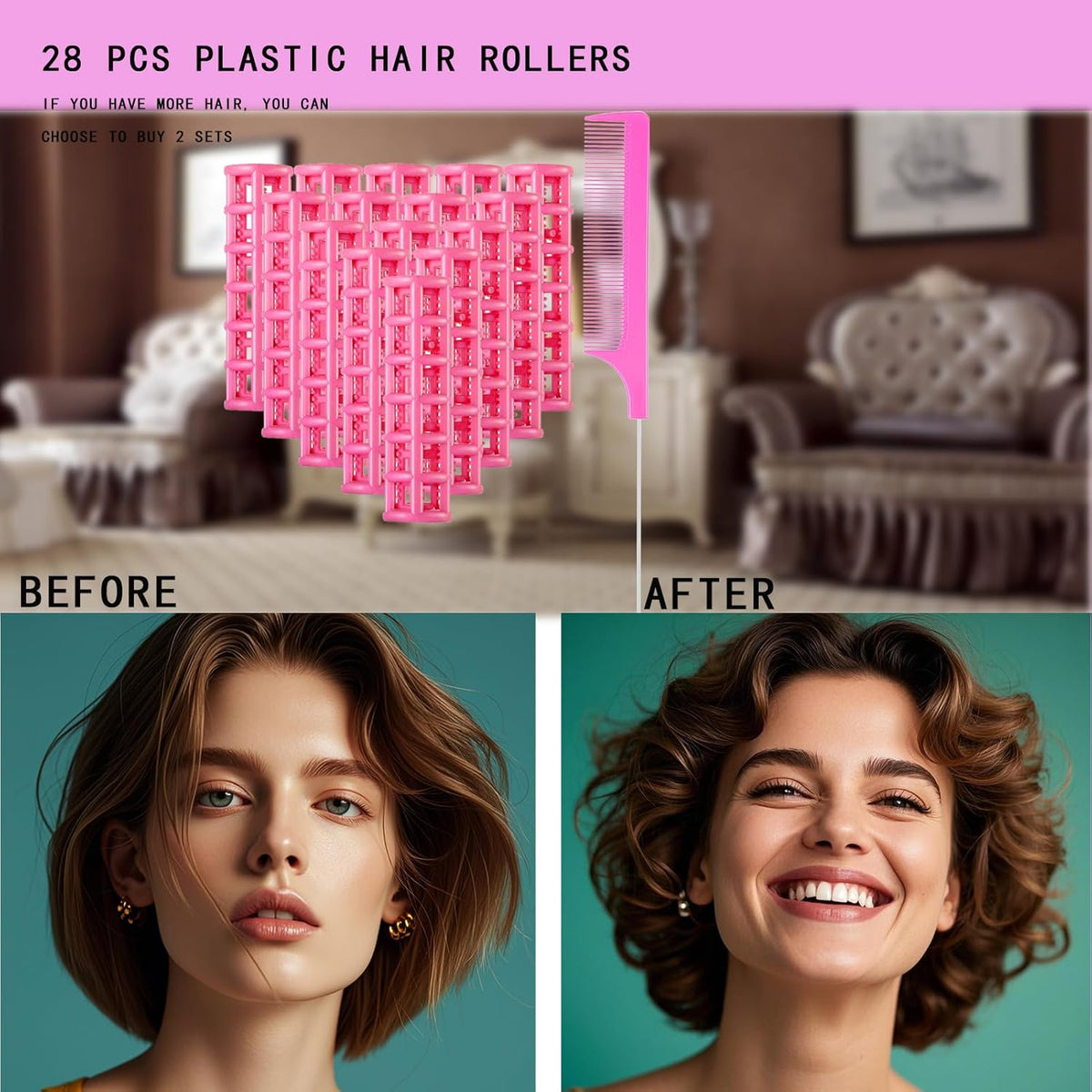 28PCS Self Grip Small Hair Rollers Set, 0.6in Plastic No Heat Roller Hair Curlers with Comb