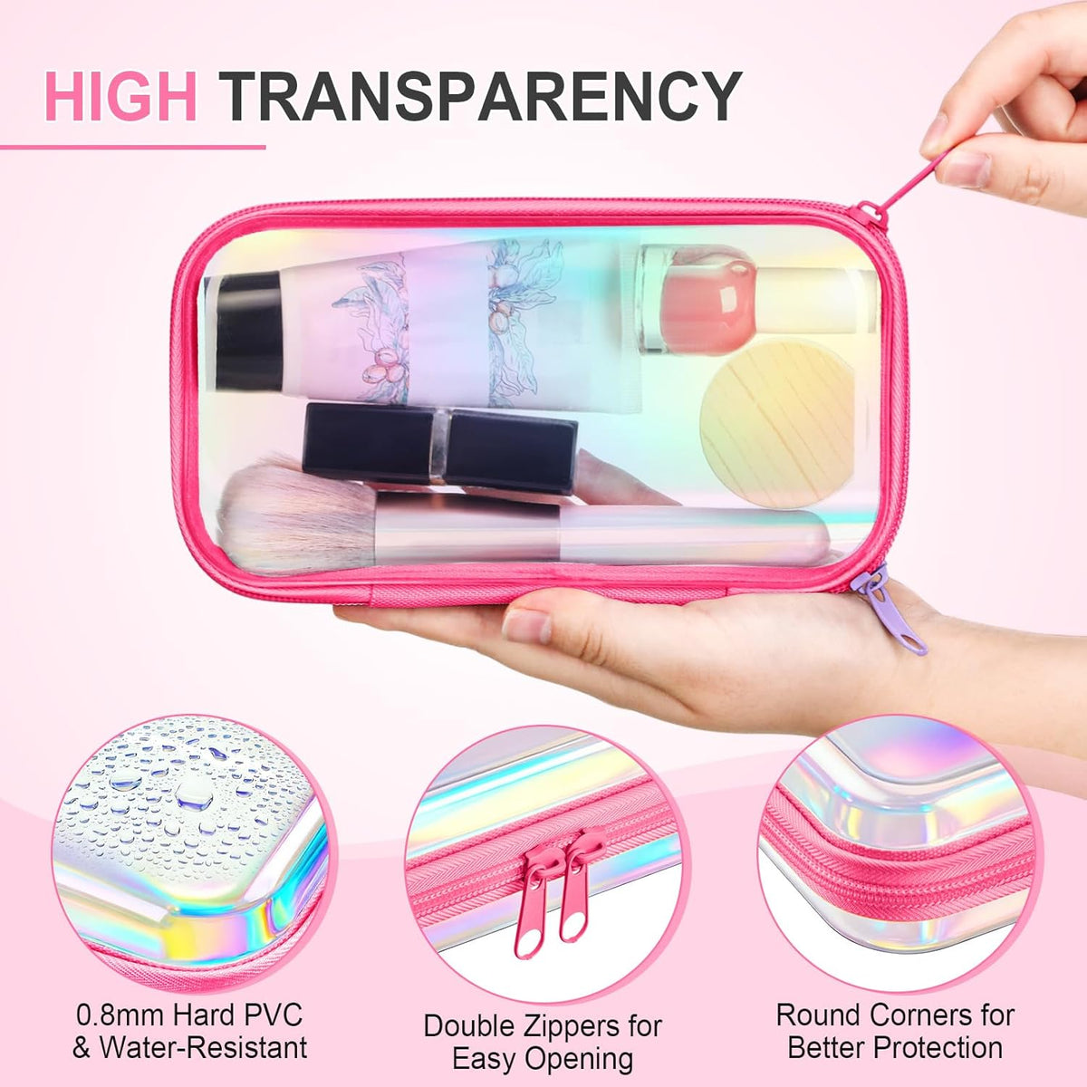 Hoolerry 4 Pcs Hard Clear Zipper Case Makeup Bags Plastic Pencil Pouch Transparent Storage Box
