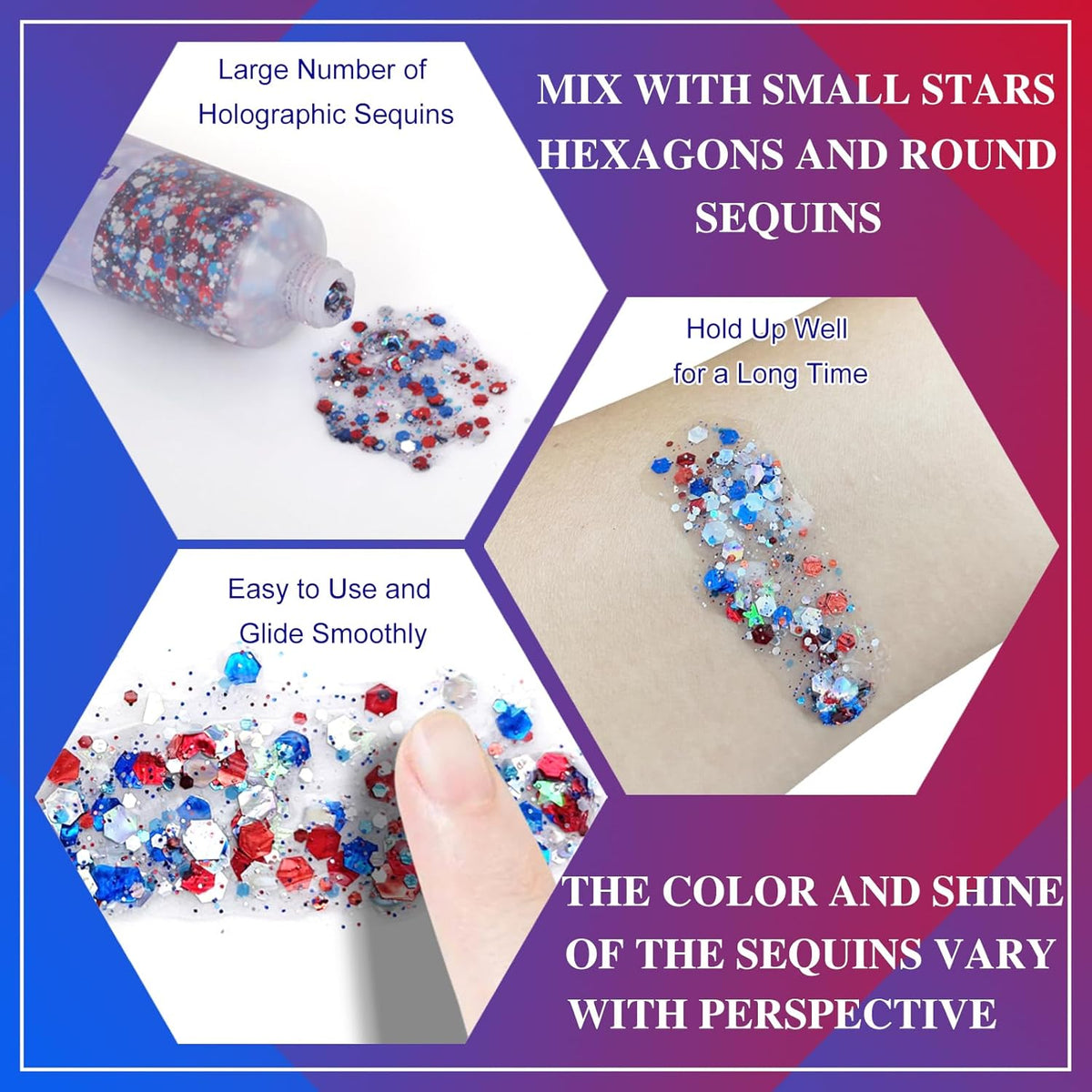 MEICOLY Red White and Blue Body Glitter,4th of July Accessories Hair Glitter for Kids,4th of July