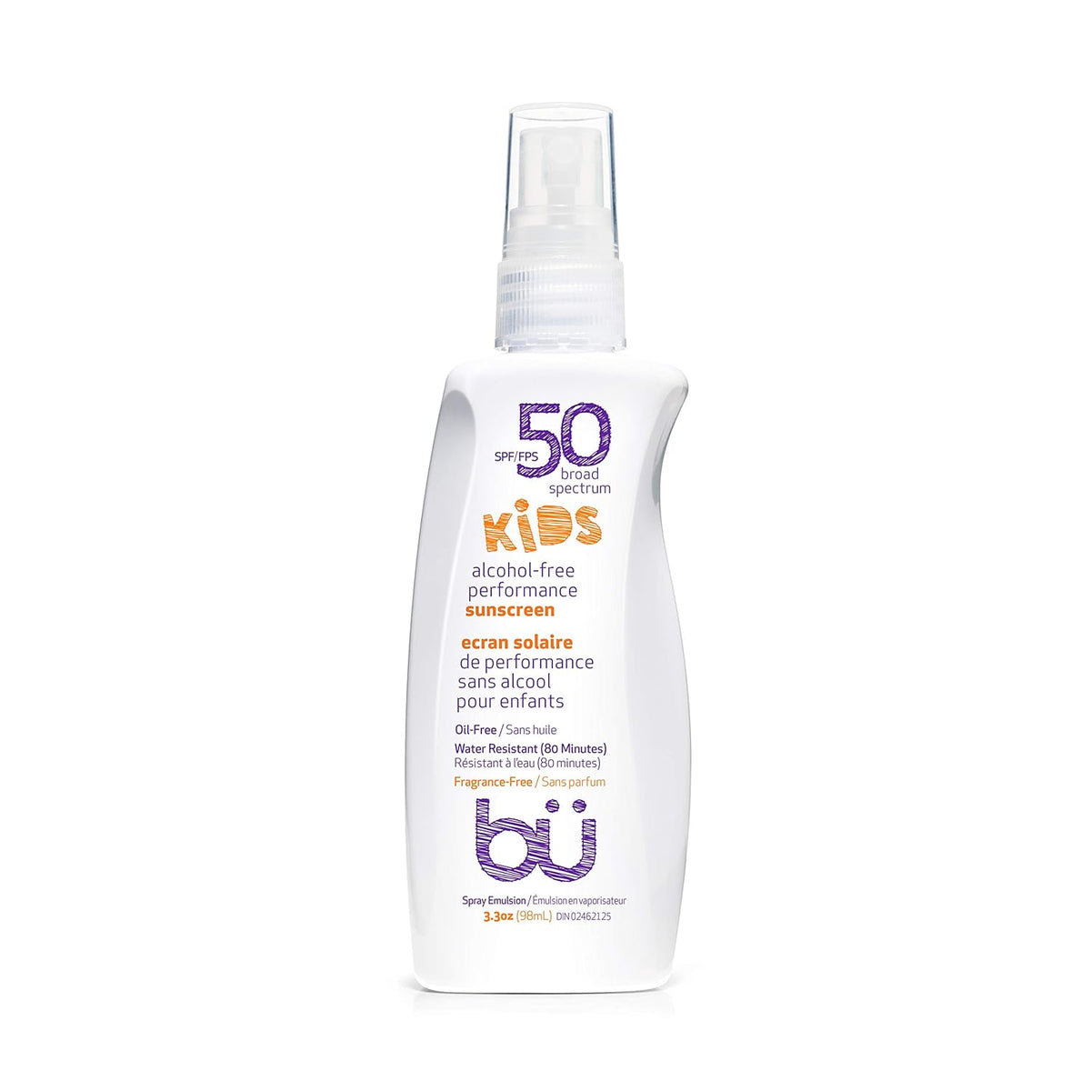 BU SPF 50 Kids Sunscreen Spray for Face and Body, Non Aerosol Spray, Fragrance Free, Clear, Non