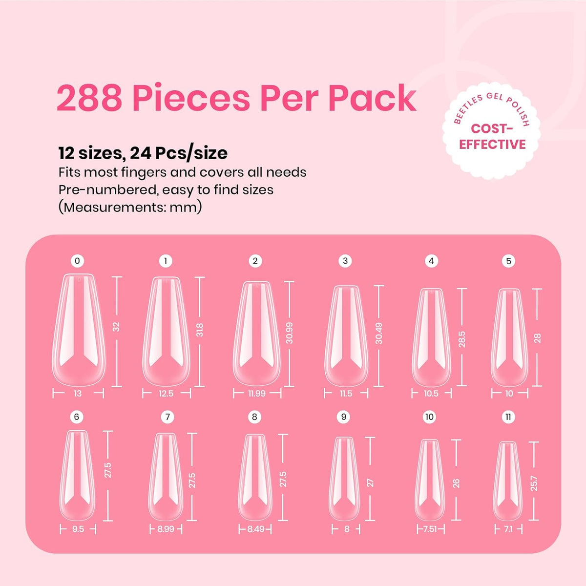 Beetles Gel Nail Tips Long Coffin Pre-Etched Nail Tips, 12 Sizes 288Pcs Pre Shaped Soft Gel Clear