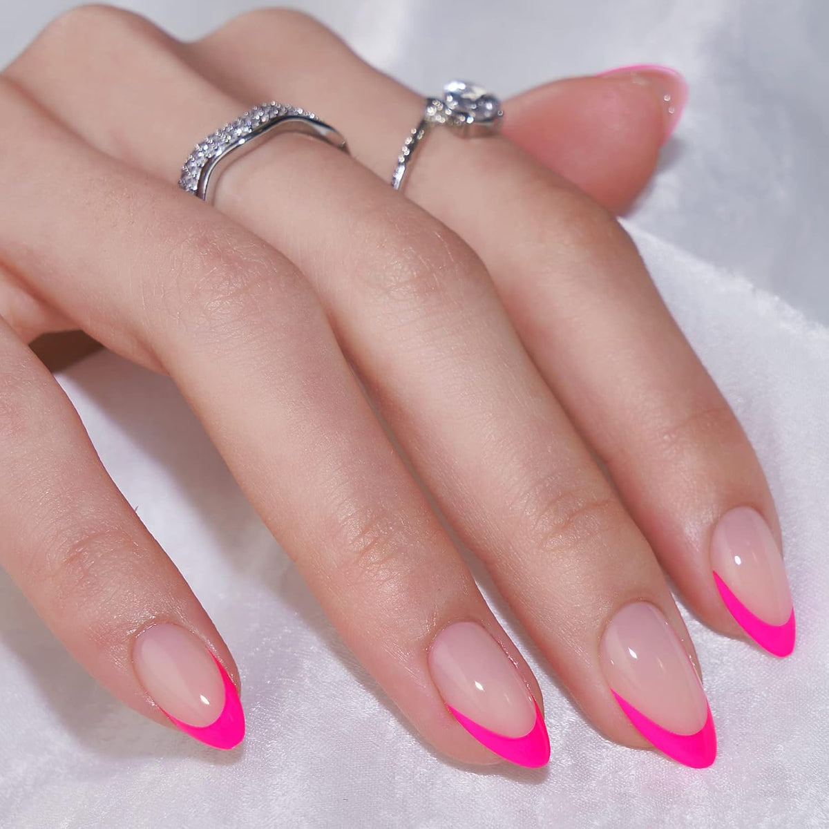French Tip Press On Nails Almond - BTArtbox Hot Pink Short Stick On Nails for Women, Glue On Nails