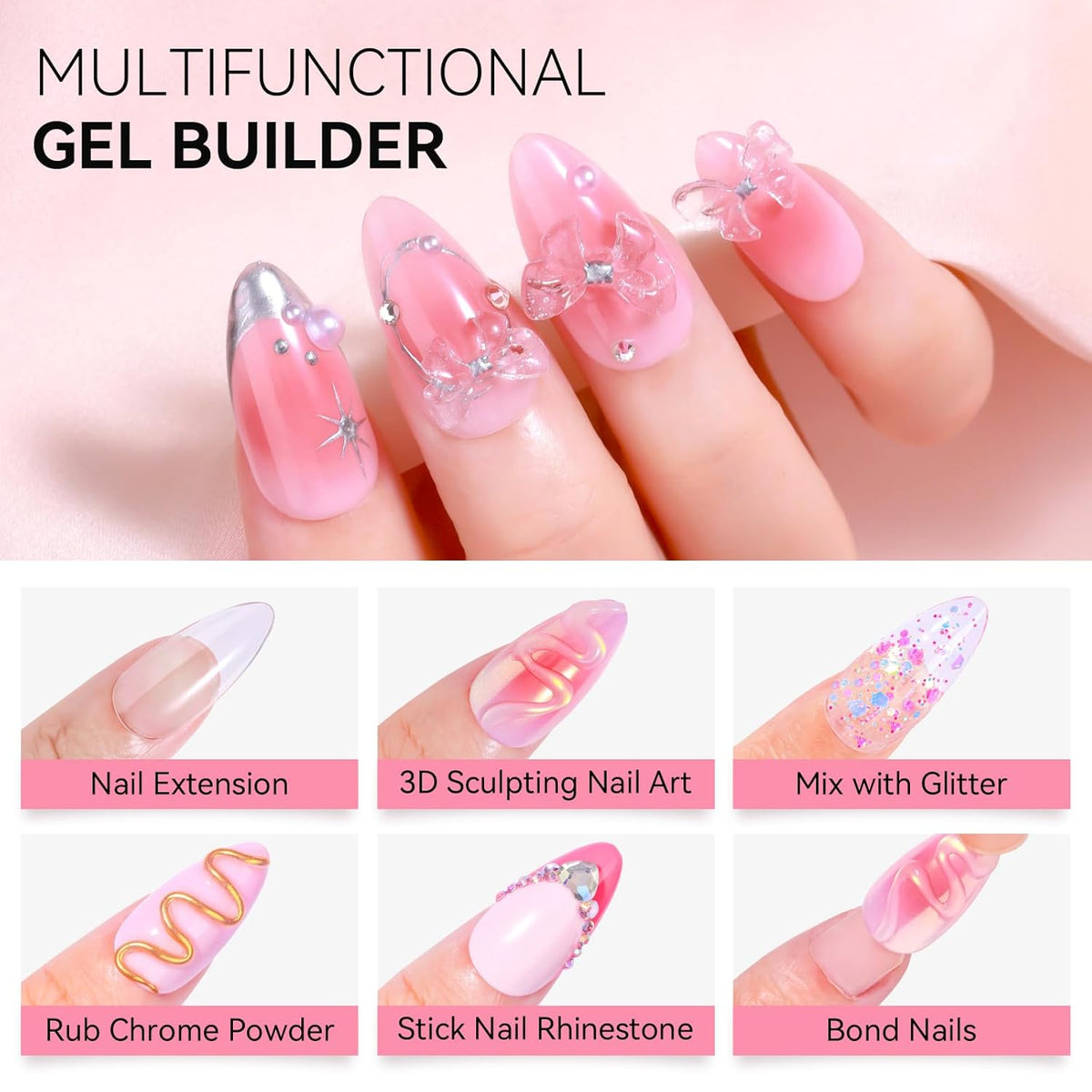 Makartt 3D Gel Nail Art: 4-in-1 Clear & White Solid Gel Builder Non-sticky for Extension 3D