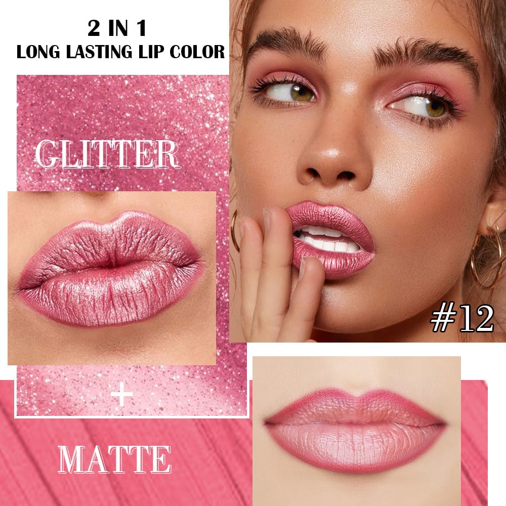 evpct Warm Pink Metallic Glitter Lip Liner and Lipstick Combo Lip Gloss Stain Set Makeup for Women