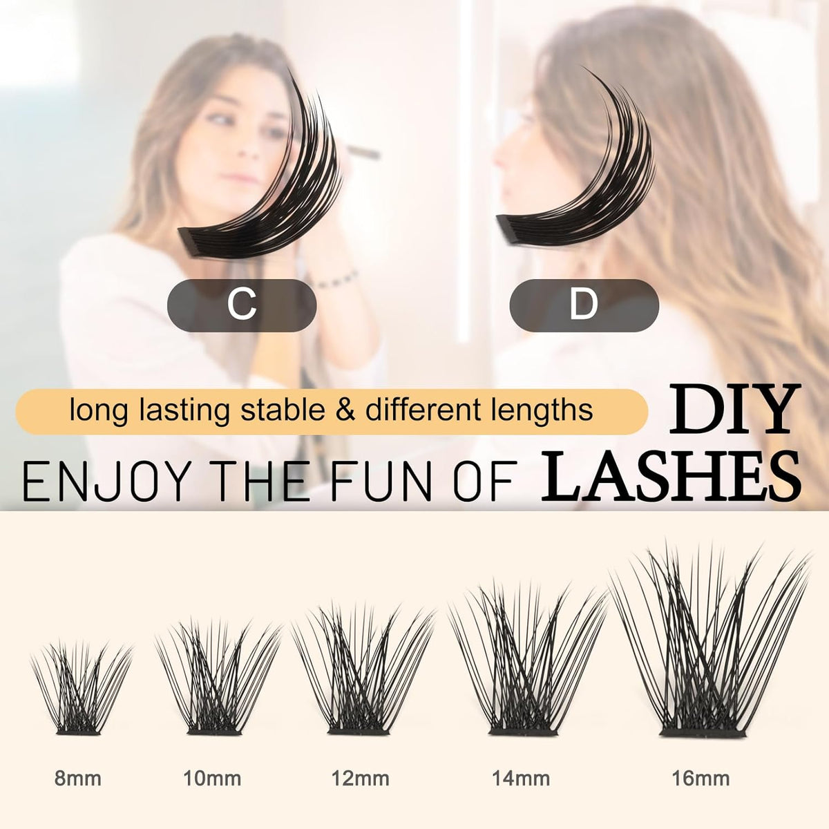 QUEWEL Lash Clusters 72 Pcs Cluster Lashes Wide Stem Eyelash Clusters C/D Curl 8-16mm DIY Eyelash